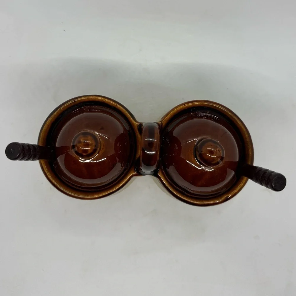 Vintage Stoneware Brown & Tan Double Condiment Jar Caddy with 2 Lids and Spoons